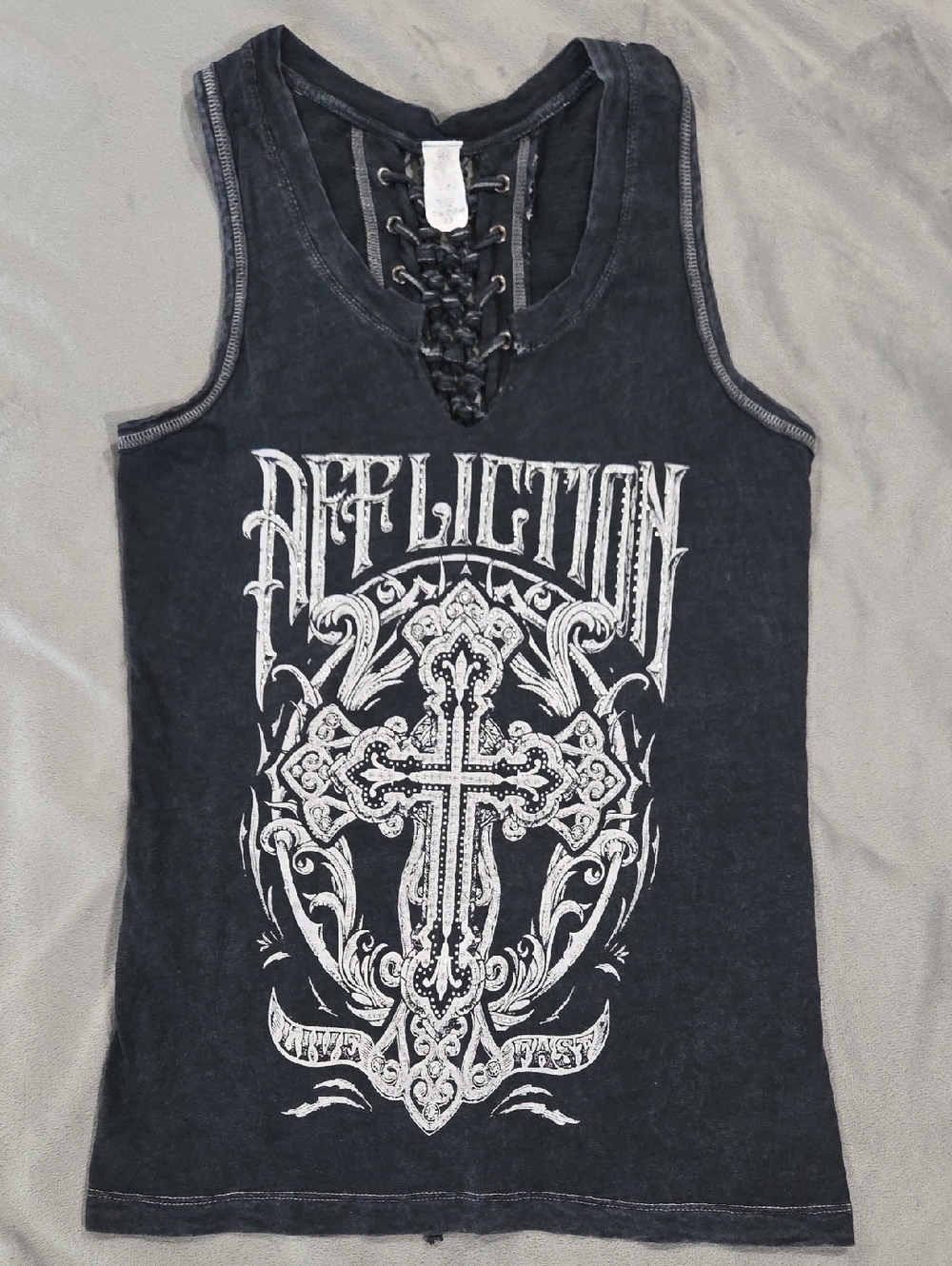 Affliction Navy Lace-Up Graphic Tank with White Ornate Cross